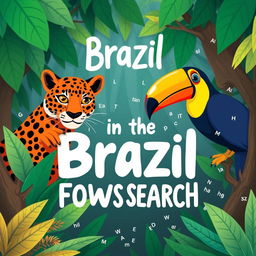 A book cover illustration featuring a Brazilian tropical rainforest (like the Amazon) as the background, utilizing rich tones of green, blue, and brown
