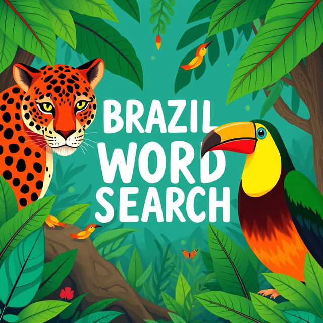 A book cover illustration featuring a Brazilian tropical rainforest (like the Amazon) as the background, utilizing rich tones of green, blue, and brown