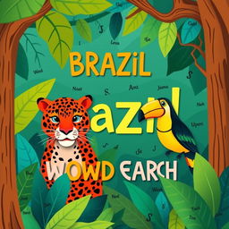 A book cover illustration featuring a Brazilian tropical rainforest (like the Amazon) as the background, utilizing rich tones of green, blue, and brown