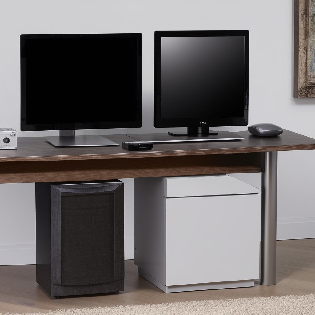 A sleek computer desk equipped with a CPU unit, modern home theater system, DVD player, and a set of drawers.