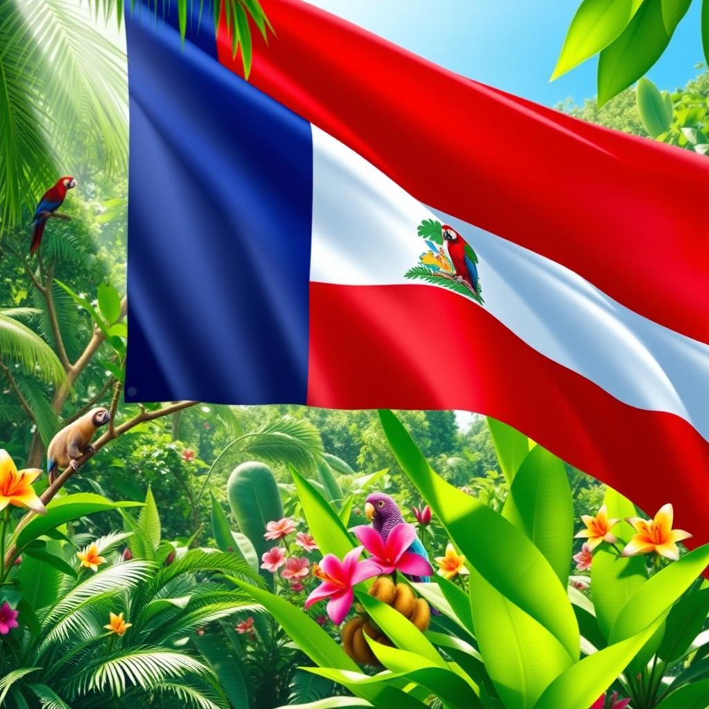 A vivid depiction of the flag of the Republic of Costa Rica, prominently displayed in the foreground with its rich blue, white, and red colors