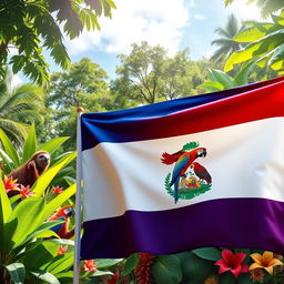 A vivid depiction of the flag of the Republic of Costa Rica, prominently displayed in the foreground with its rich blue, white, and red colors