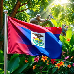 A vivid depiction of the flag of the Republic of Costa Rica, prominently displayed in the foreground with its rich blue, white, and red colors