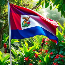 A vivid depiction of the flag of the Republic of Costa Rica, prominently displayed in the foreground with its rich blue, white, and red colors