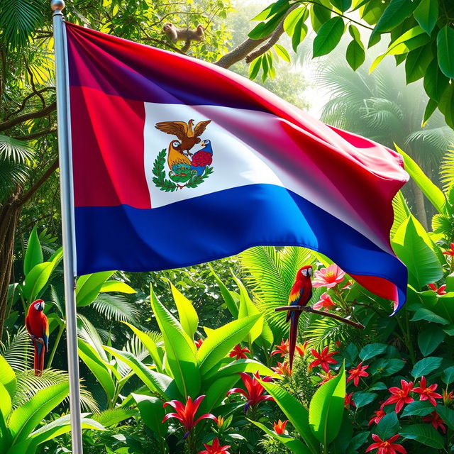 A vivid depiction of the flag of the Republic of Costa Rica, prominently displayed in the foreground with its rich blue, white, and red colors