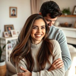 A touching scene of a woman in a cozy living room, being embraced from behind by her husband