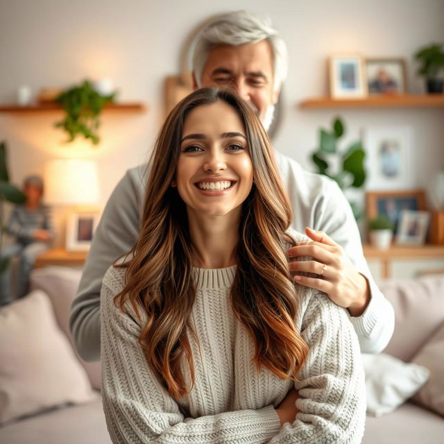 A touching scene of a woman in a cozy living room, being embraced from behind by her husband