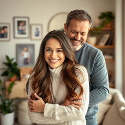 A touching scene of a woman in a cozy living room, being embraced from behind by her husband