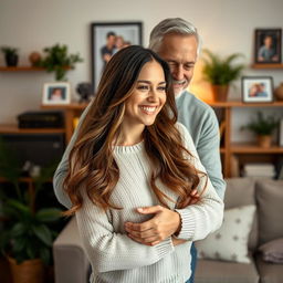 A touching scene of a woman in a cozy living room, being embraced from behind by her husband