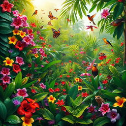 A vibrant scene filled with an abundance of biodiversity, showcasing an explosion of intense colors found in a tropical rainforest