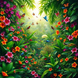 A vibrant scene filled with an abundance of biodiversity, showcasing an explosion of intense colors found in a tropical rainforest