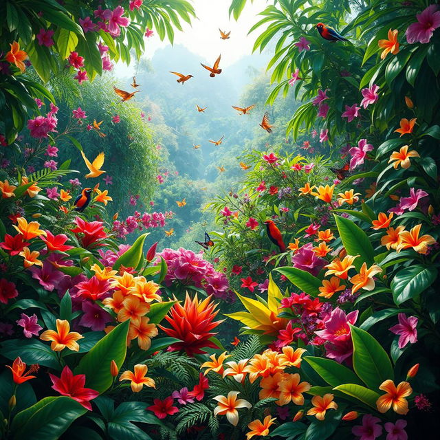 A vibrant scene filled with an abundance of biodiversity, showcasing an explosion of intense colors found in a tropical rainforest