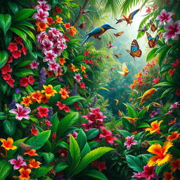 A vibrant scene filled with an abundance of biodiversity, showcasing an explosion of intense colors found in a tropical rainforest