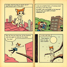 A vintage comic book page illustrating a short story about a human-cat girl character