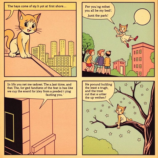 A vintage comic book page illustrating a short story about a human-cat girl character