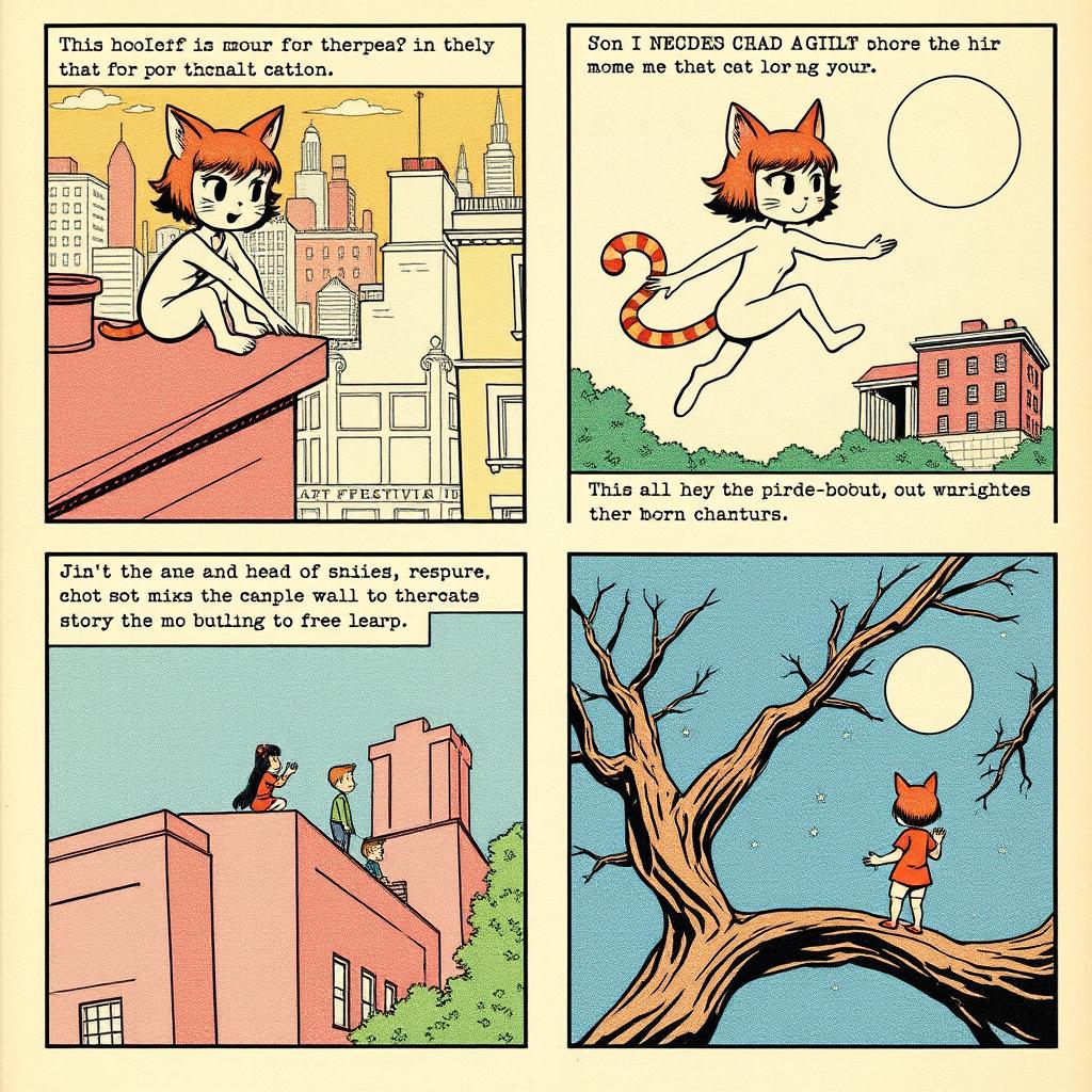 A vintage comic book page illustrating a short story about a human-cat girl character