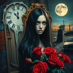 A beautiful and stunning girl with long, dangerous black hair and piercing blue eyes, set in a psychedelic Salvador Dali-inspired dreamlike world