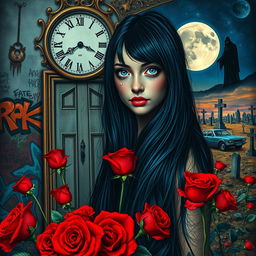 A beautiful and stunning girl with long, dangerous black hair and piercing blue eyes, set in a psychedelic Salvador Dali-inspired dreamlike world