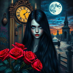 A beautiful and stunning girl with long, dangerous black hair and piercing blue eyes, set in a psychedelic Salvador Dali-inspired dreamlike world