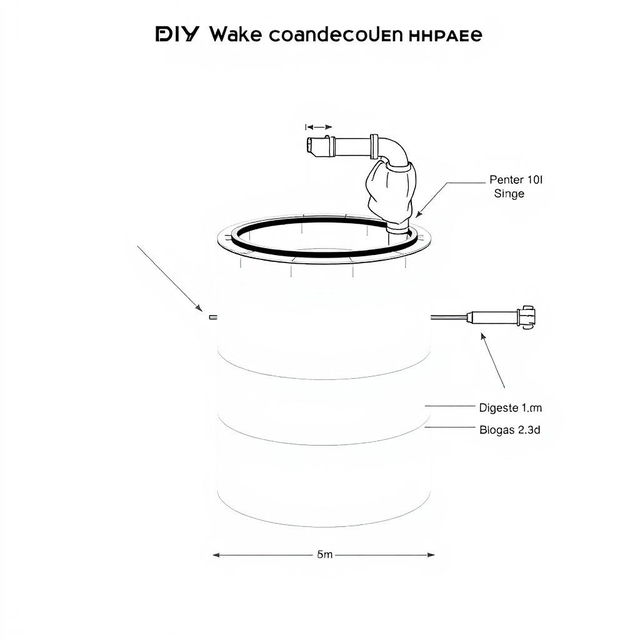 Detailed illustration of a DIY anaerobic digestion chamber for wastewater treatment, presented in a black and white, 2D plan-style schematic