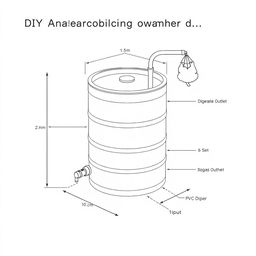 Detailed illustration of a DIY anaerobic digestion chamber for wastewater treatment, presented in a black and white, 2D plan-style schematic