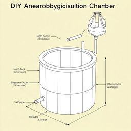 Detailed illustration of a DIY anaerobic digestion chamber for wastewater treatment, presented in a black and white, 2D plan-style schematic