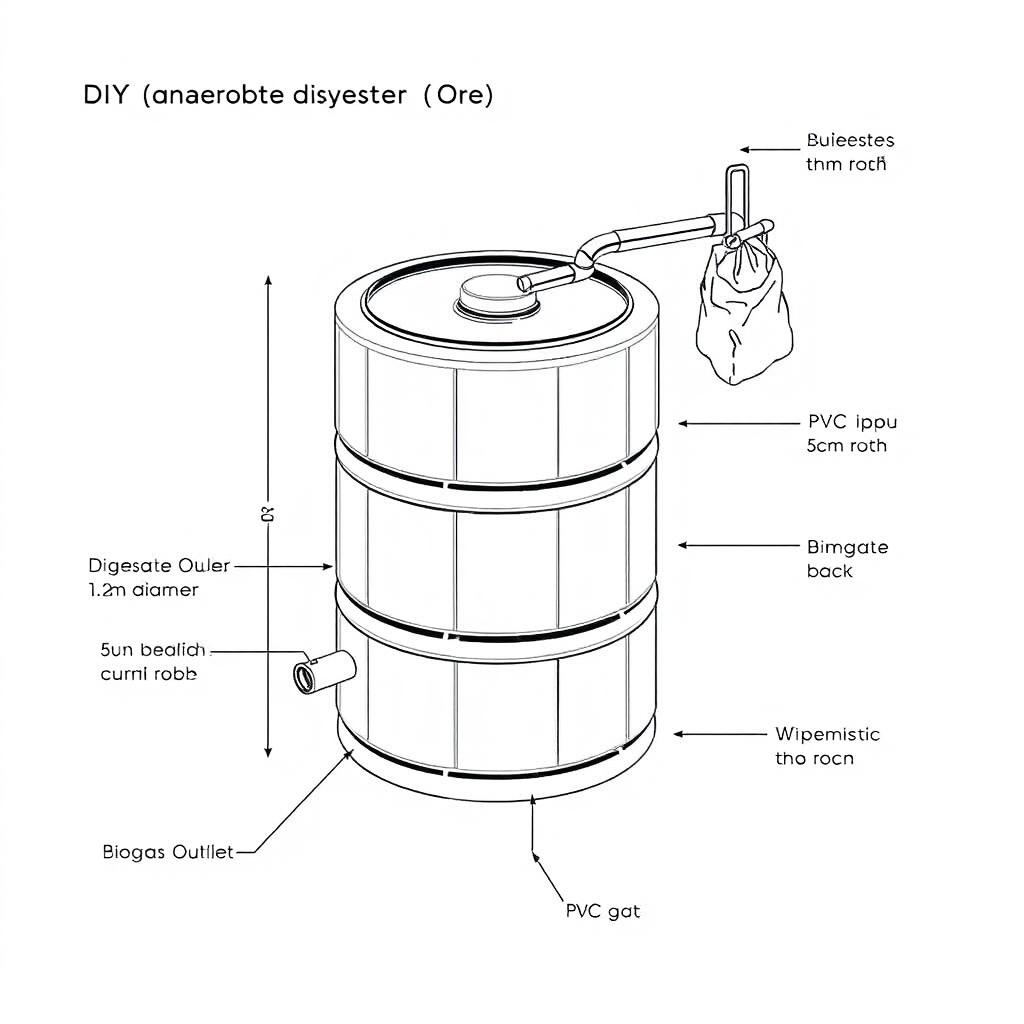 Detailed illustration of a DIY anaerobic digestion chamber for wastewater treatment, presented in a black and white, 2D plan-style schematic