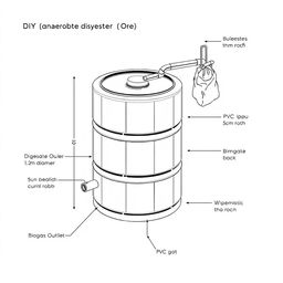 Detailed illustration of a DIY anaerobic digestion chamber for wastewater treatment, presented in a black and white, 2D plan-style schematic