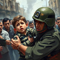 An Israeli soldier heroically saving a young boy from a suicide bombing