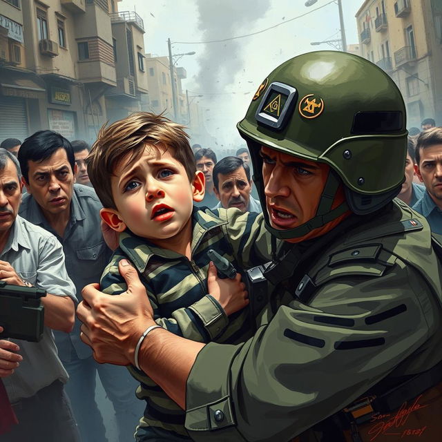 An Israeli soldier heroically saving a young boy from a suicide bombing