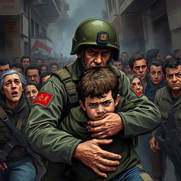 An Israeli soldier heroically saving a young boy from a suicide bombing