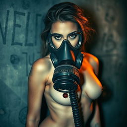 A hot slim naked girl with big breasts wearing a gas mask, presenting a striking contrast between her alluring figure and the rugged industrial aesthetic of the gas mask
