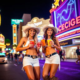 A vibrant nighttime scene on Fremont Street in Las Vegas, featuring two gorgeous cowgirls wearing stylish white shorts and chic halter tops