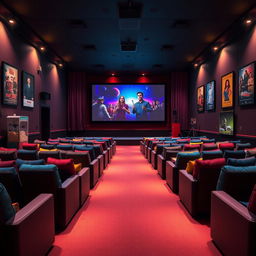 A vibrant cinema set designed in a 16:9 aspect ratio with a large screen displaying a film, comfortable seating arranged in tiers, and dimmed ambient lighting creating a cozy atmosphere