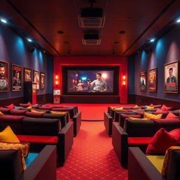 A vibrant cinema set designed in a 16:9 aspect ratio with a large screen displaying a film, comfortable seating arranged in tiers, and dimmed ambient lighting creating a cozy atmosphere