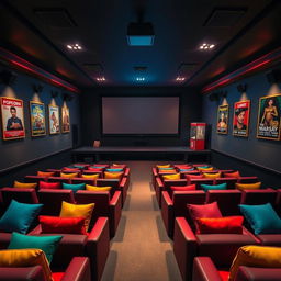 A vibrant cinema set designed in a 16:9 aspect ratio with a large screen displaying a film, comfortable seating arranged in tiers, and dimmed ambient lighting creating a cozy atmosphere