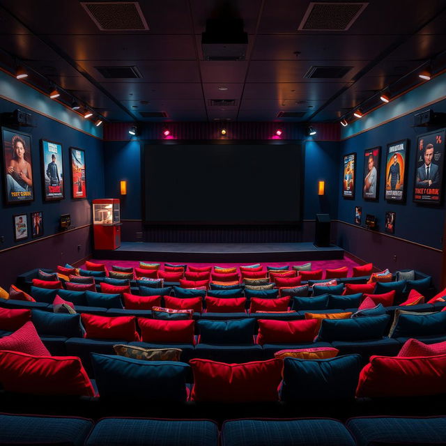 A vibrant cinema set designed in a 16:9 aspect ratio with a large screen displaying a film, comfortable seating arranged in tiers, and dimmed ambient lighting creating a cozy atmosphere