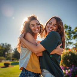 A warm and inviting scene of two friends embracing each other in a beautiful outdoor setting