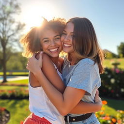 A warm and inviting scene of two friends embracing each other in a beautiful outdoor setting