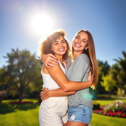 A warm and inviting scene of two friends embracing each other in a beautiful outdoor setting