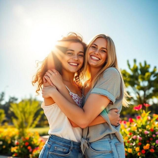 A warm and inviting scene of two friends embracing each other in a beautiful outdoor setting