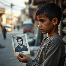 A poignant scene depicting a young Palestinian boy standing in a somber environment, looking contemplatively at a faded photograph of his older brother who is a member of Hamas