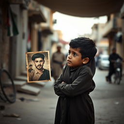 A poignant scene depicting a young Palestinian boy standing in a somber environment, looking contemplatively at a faded photograph of his older brother who is a member of Hamas