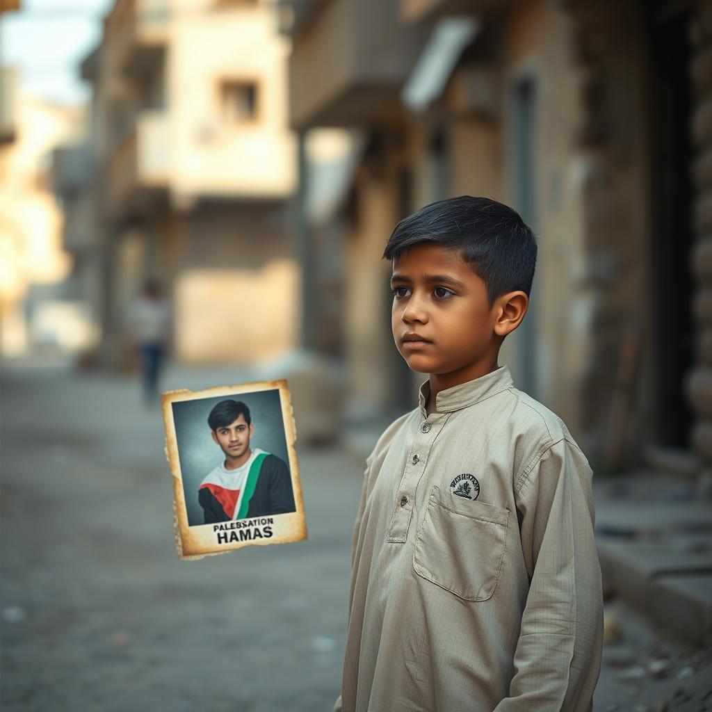 A poignant scene depicting a young Palestinian boy standing in a somber environment, looking contemplatively at a faded photograph of his older brother who is a member of Hamas