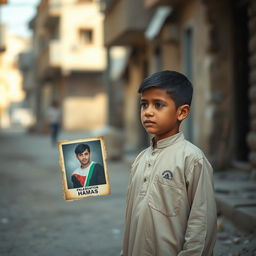 A poignant scene depicting a young Palestinian boy standing in a somber environment, looking contemplatively at a faded photograph of his older brother who is a member of Hamas