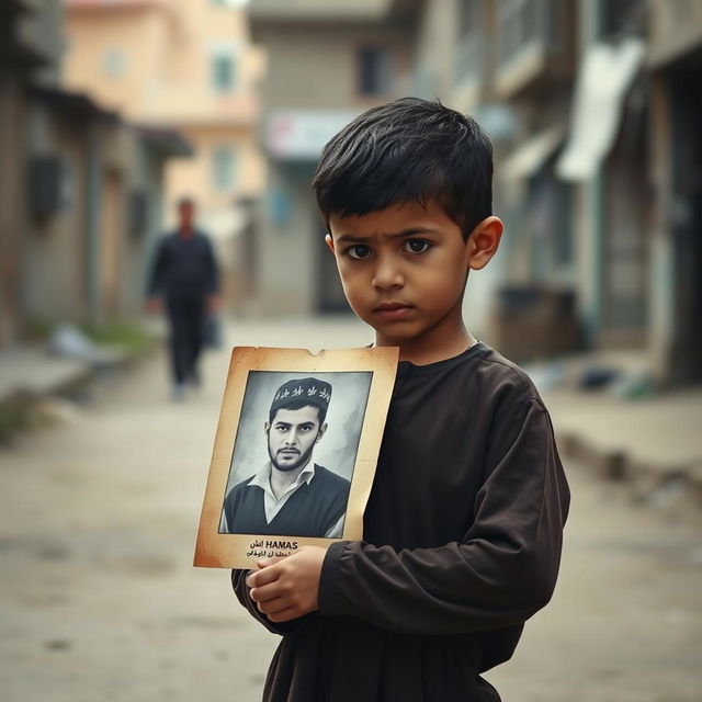 A poignant scene depicting a young Palestinian boy standing in a somber environment, looking contemplatively at a faded photograph of his older brother who is a member of Hamas