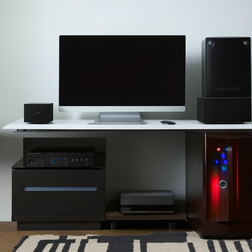 A sleek computer desk equipped with a CPU unit, modern home theater system, DVD player, and a set of drawers.