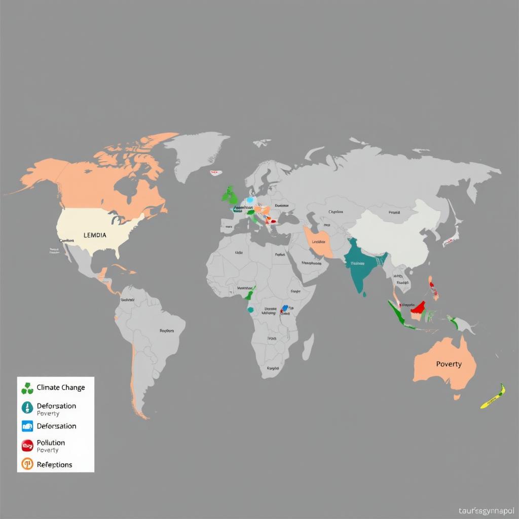 A detailed and informative world map showcasing the major regions affected by key global issues such as climate change, deforestation, pollution, and poverty