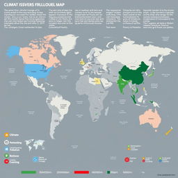 A detailed and informative world map showcasing the major regions affected by key global issues such as climate change, deforestation, pollution, and poverty