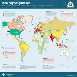 A detailed and informative world map showcasing the major regions affected by key global issues such as climate change, deforestation, pollution, and poverty